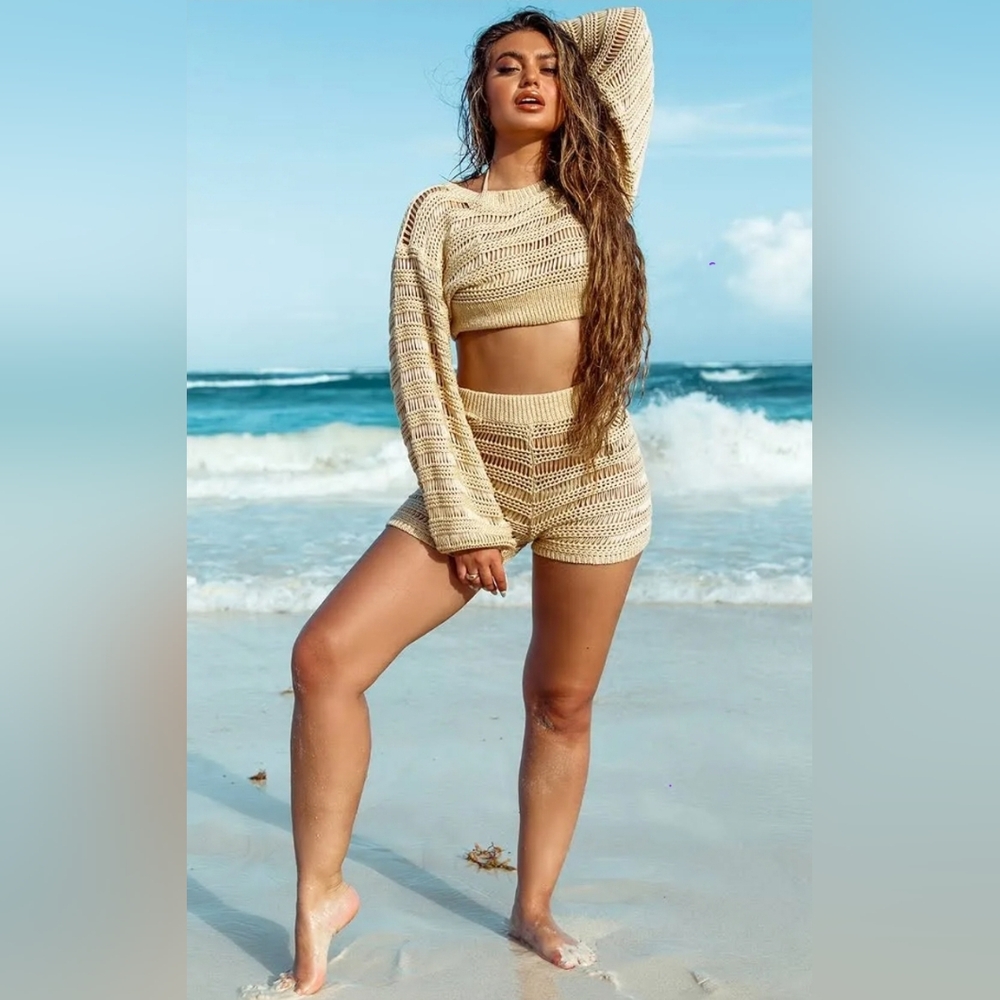 CUPSHE Beige Crochet Knit Set Sz MED NWT